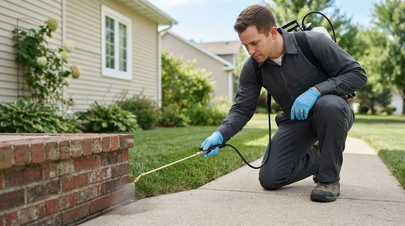 Pest control technician treating a home near Morrisville, NY