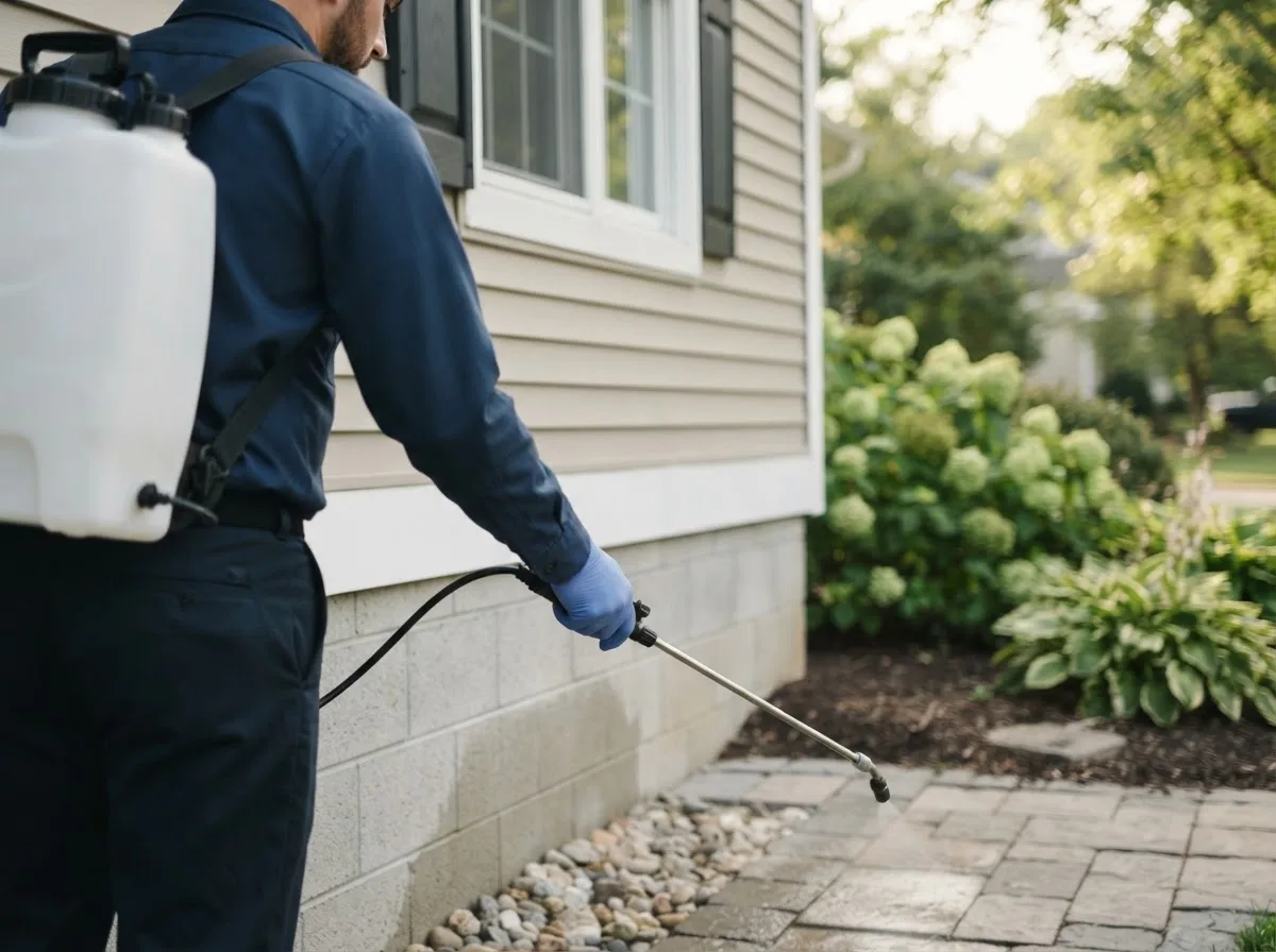 Pest control technician inspecting a home in Morrisville, NY